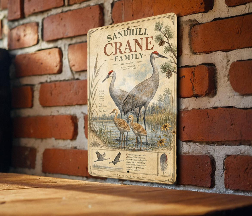 Sandhill Crane Family Metal Sign, Audubon-Inspired Ornithology Plate, Scientific Bird Illustration, Range Map, Habitat Notes — photo 5
