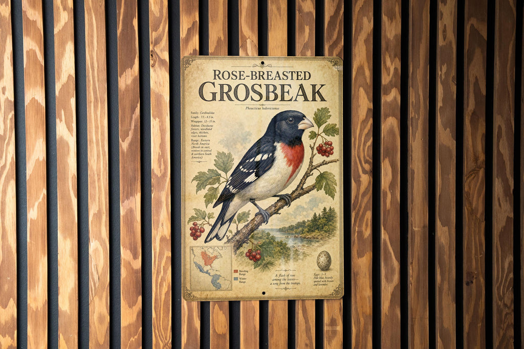 Rose-Breasted Grosbeak Metal Sign, Audubon-Inspired Natural History Bird Plate with Scientific Name, Range Map, Habitat Notes — photo 1