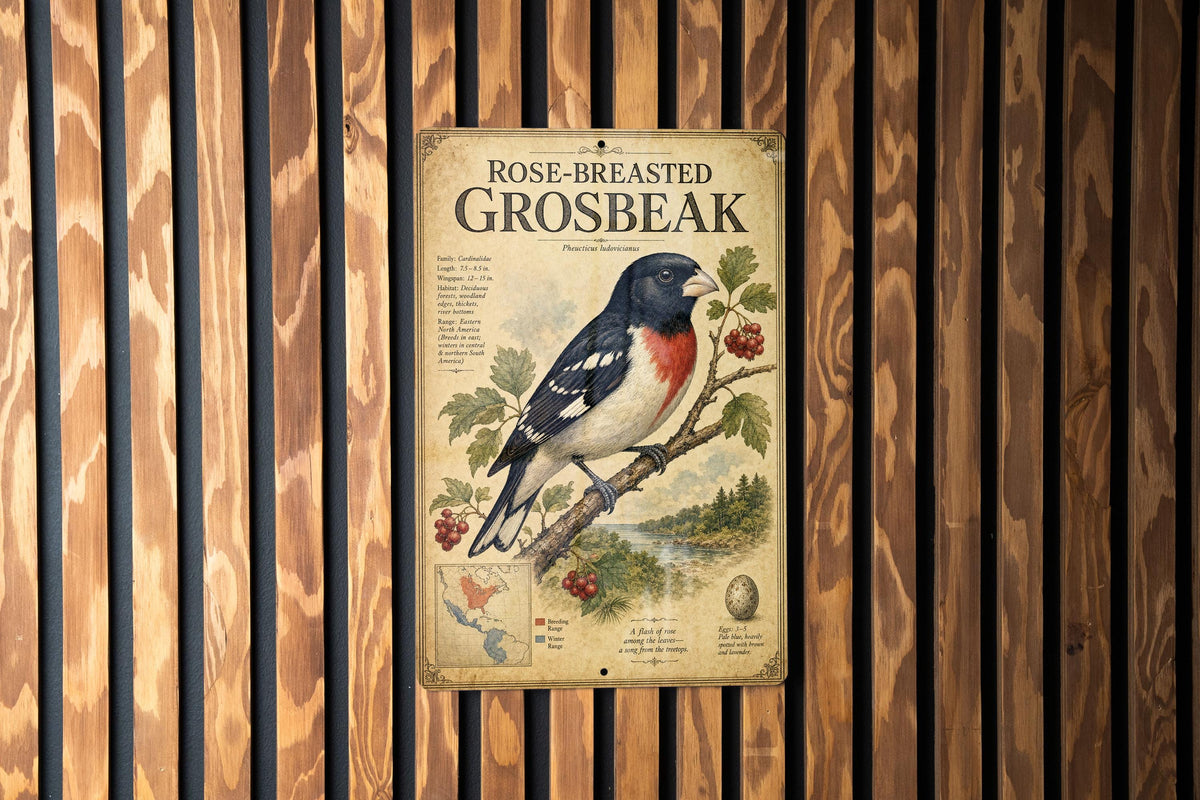 Rose-Breasted Grosbeak Metal Sign, Audubon-Inspired Natural History Bird Plate with Scientific Name, Range Map, Habitat Notes — photo 1