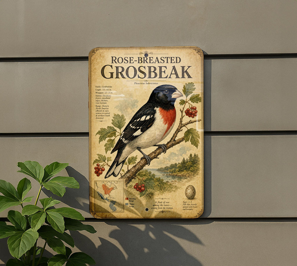 Rose-Breasted Grosbeak Metal Sign, Audubon-Inspired Natural History Bird Plate with Scientific Name, Range Map, Habitat Notes — photo 2