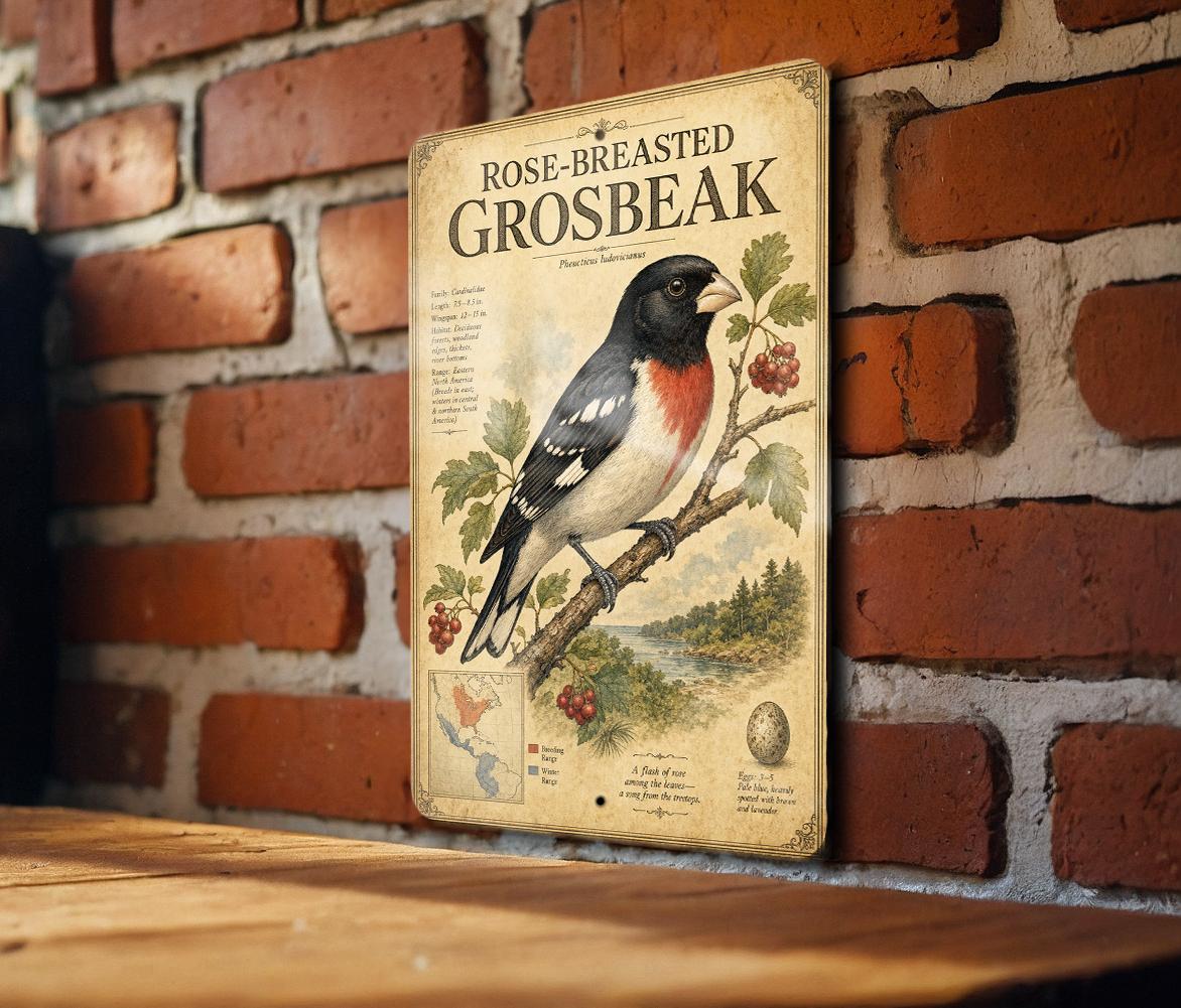 Rose-Breasted Grosbeak Metal Sign, Audubon-Inspired Natural History Bird Plate with Scientific Name, Range Map, Habitat Notes — photo 4