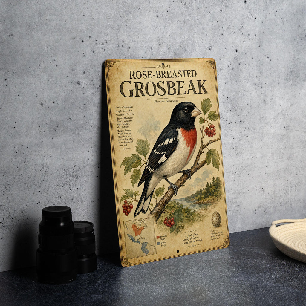 Rose-Breasted Grosbeak Metal Sign, Audubon-Inspired Natural History Bird Plate with Scientific Name, Range Map, Habitat Notes — photo 5