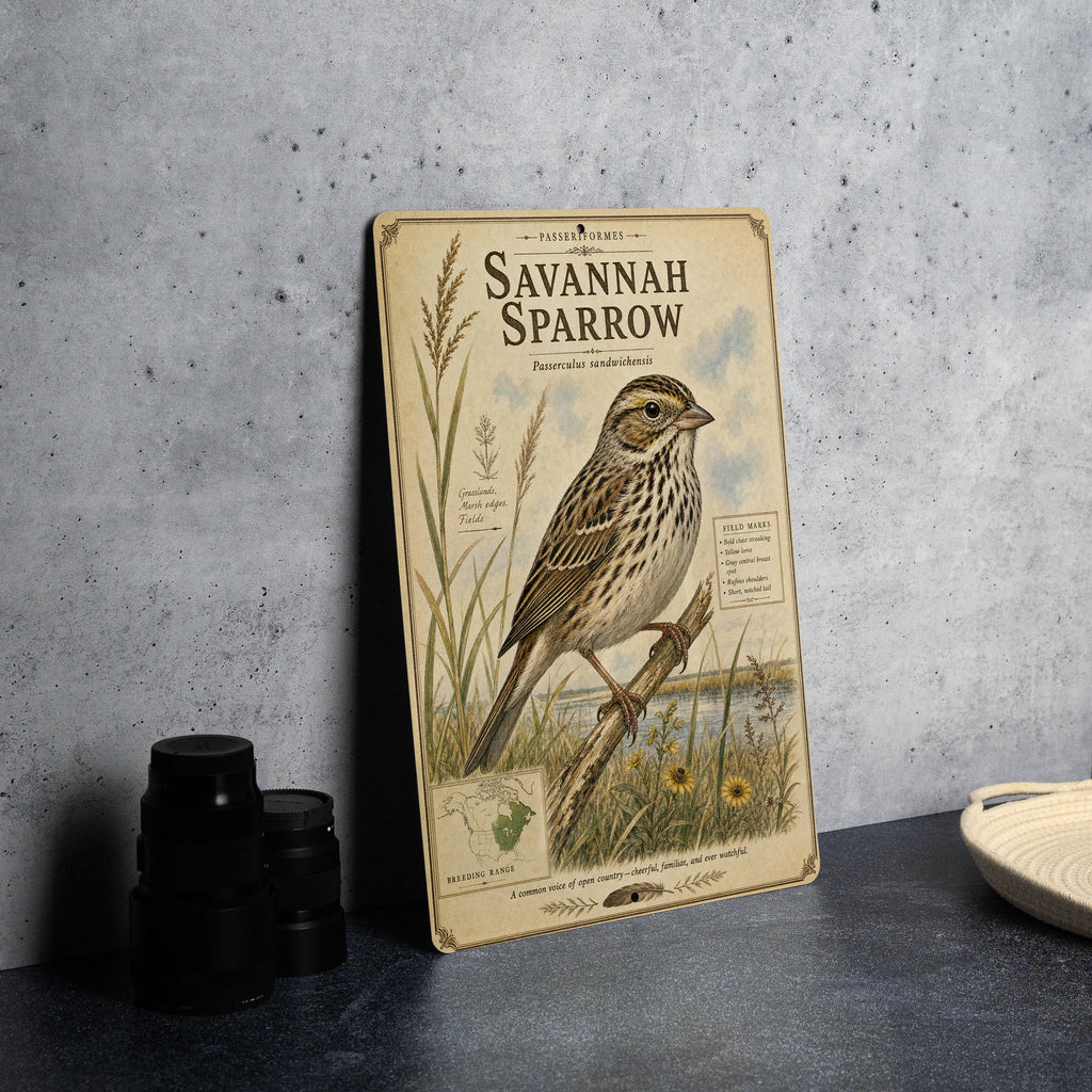Savannah Sparrow Metal Sign, Audubon-Inspired Natural History Bird Plate, Scientific Name Range Map Habitat Notes, Birder Decor Gift — photo 1