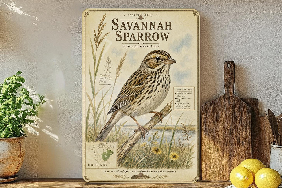 Savannah Sparrow Metal Sign, Audubon-Inspired Natural History Bird Plate, Scientific Name Range Map Habitat Notes, Birder Decor Gift — photo 2