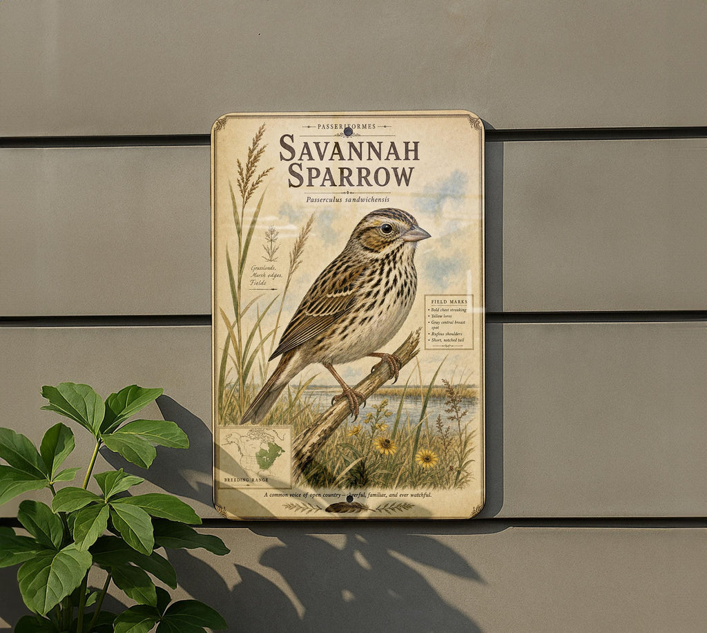 Savannah Sparrow Metal Sign, Audubon-Inspired Natural History Bird Plate, Scientific Name Range Map Habitat Notes, Birder Decor Gift — photo 3