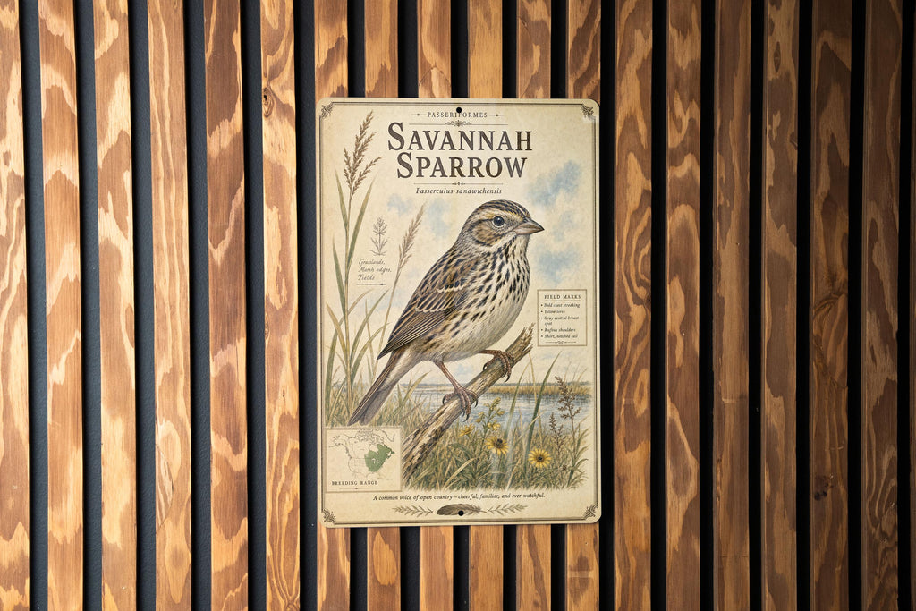 Savannah Sparrow Metal Sign, Audubon-Inspired Natural History Bird Plate, Scientific Name Range Map Habitat Notes, Birder Decor Gift — photo 5