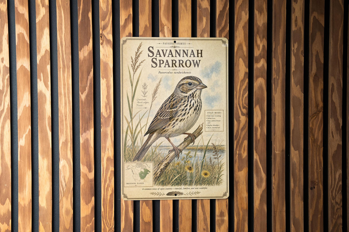 Savannah Sparrow Metal Sign, Audubon-Inspired Natural History Bird Plate, Scientific Name Range Map Habitat Notes, Birder Decor Gift — photo 5
