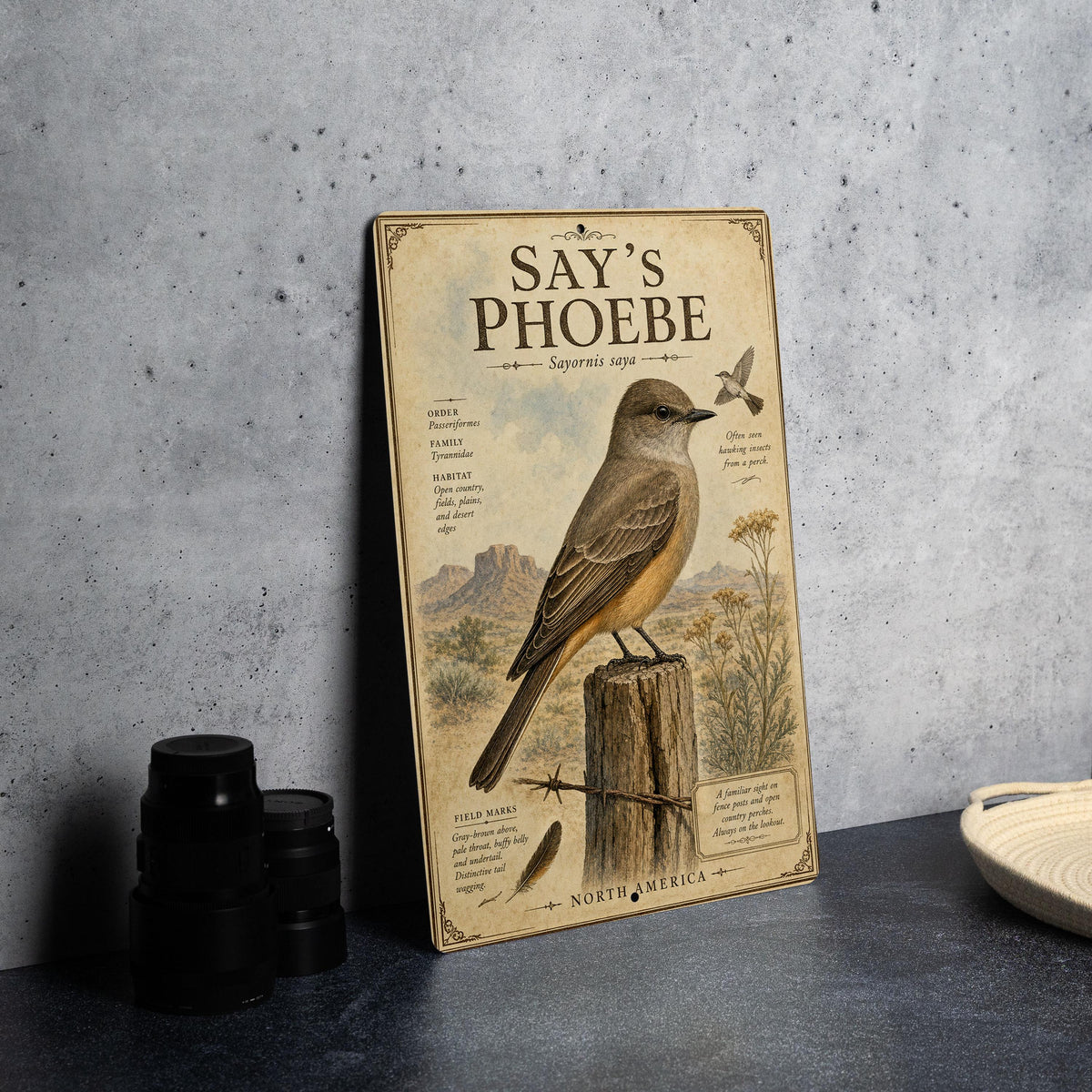 Say’s Phoebe Metal Sign, Vintage Ornithology Bird Illustration, Scientific Name, Range Map, Habitat Notes, Cabin Lodge Decor — photo 1