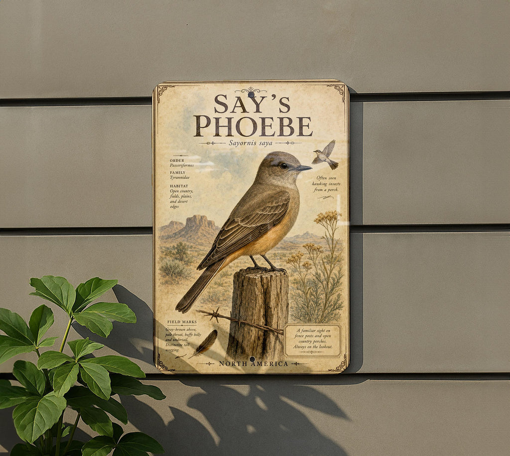 Say’s Phoebe Metal Sign, Vintage Ornithology Bird Illustration, Scientific Name, Range Map, Habitat Notes, Cabin Lodge Decor — photo 2