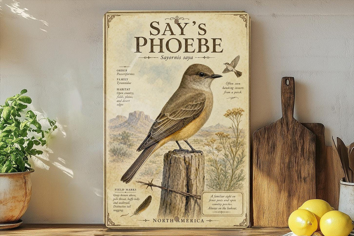 Say’s Phoebe Metal Sign, Vintage Ornithology Bird Illustration, Scientific Name, Range Map, Habitat Notes, Cabin Lodge Decor — photo 3