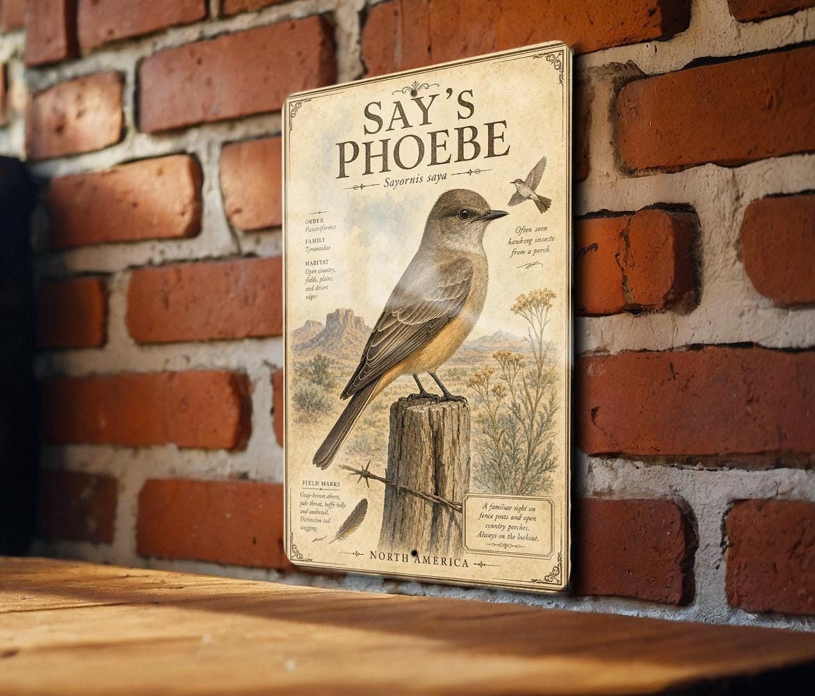 Say’s Phoebe Metal Sign, Vintage Ornithology Bird Illustration, Scientific Name, Range Map, Habitat Notes, Cabin Lodge Decor — photo 5