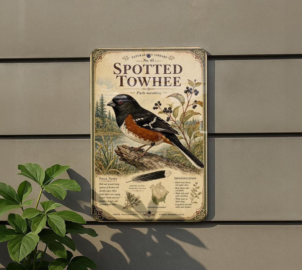Spotted Towhee Metal Sign, Audubon-Inspired Natural History Bird Plate, Scientific Name, Range Map, Habitat Notes Wall Decor — photo 3