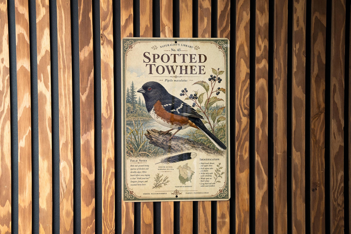 Spotted Towhee Metal Sign, Audubon-Inspired Natural History Bird Plate, Scientific Name, Range Map, Habitat Notes Wall Decor — photo 4