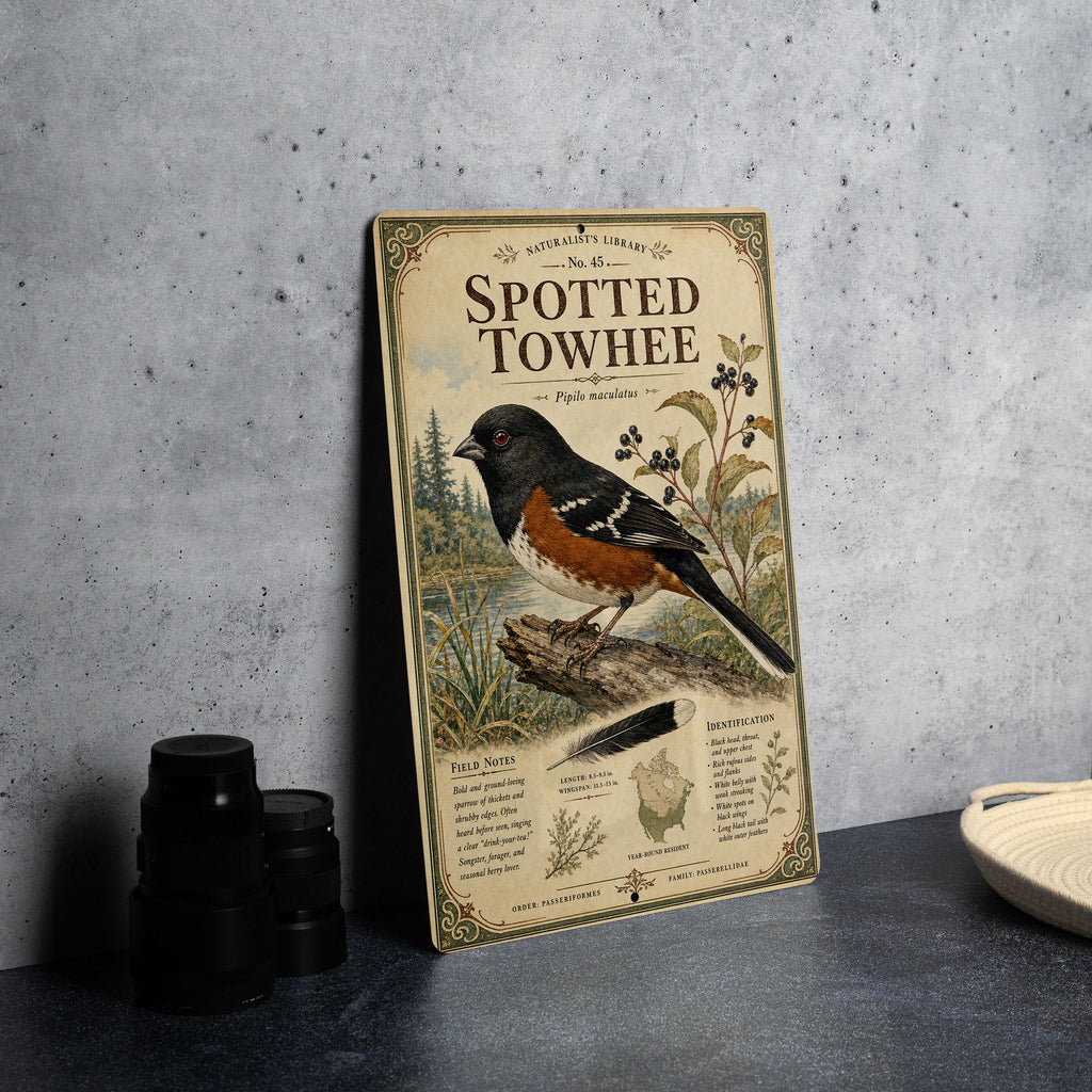 Spotted Towhee Metal Sign, Audubon-Inspired Natural History Bird Plate, Scientific Name, Range Map, Habitat Notes Wall Decor — photo 5