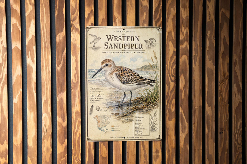 Western Sandpiper Metal Sign, Audubon-Inspired Ornithology Specimen Plate, Scientific Name Range Map Habitat Notes, Bird Wall Decor — photo 1