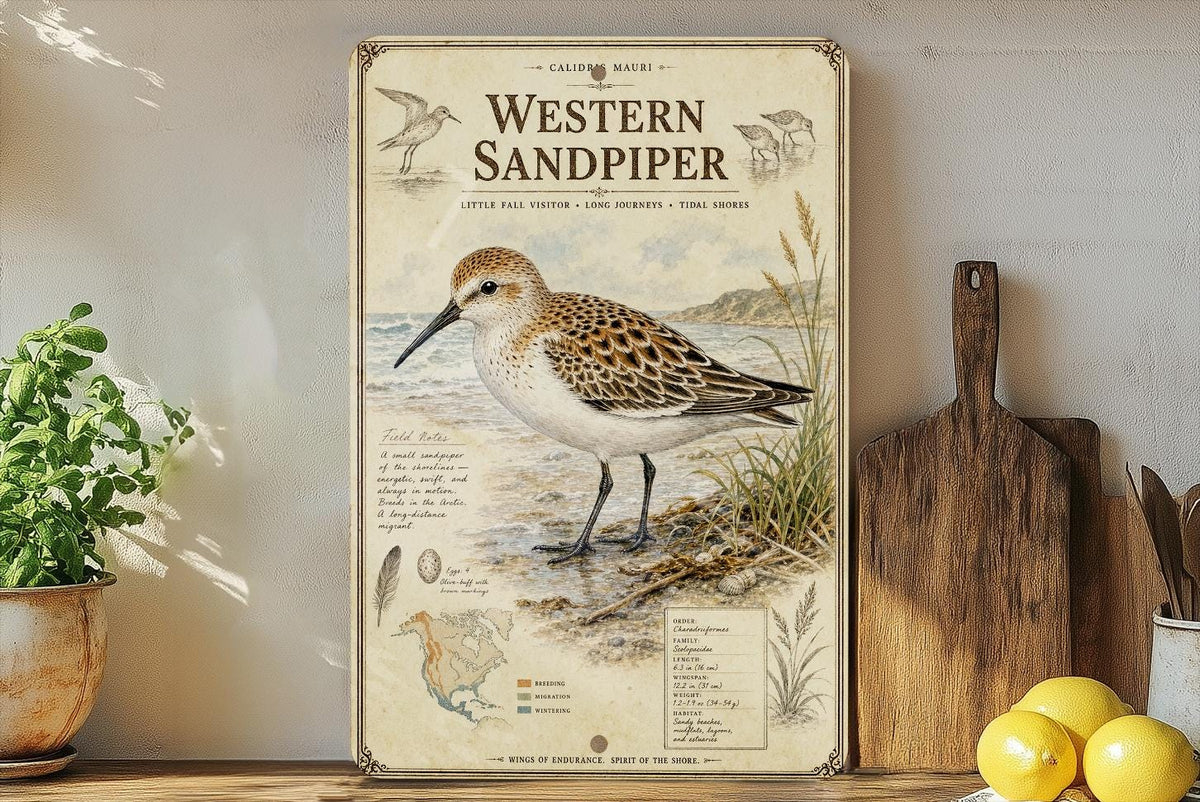 Western Sandpiper Metal Sign, Audubon-Inspired Ornithology Specimen Plate, Scientific Name Range Map Habitat Notes, Bird Wall Decor — photo 2