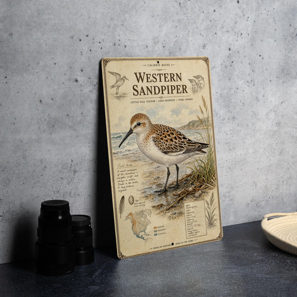 Western Sandpiper Metal Sign, Audubon-Inspired Ornithology Specimen Plate, Scientific Name Range Map Habitat Notes, Bird Wall Decor — photo 4