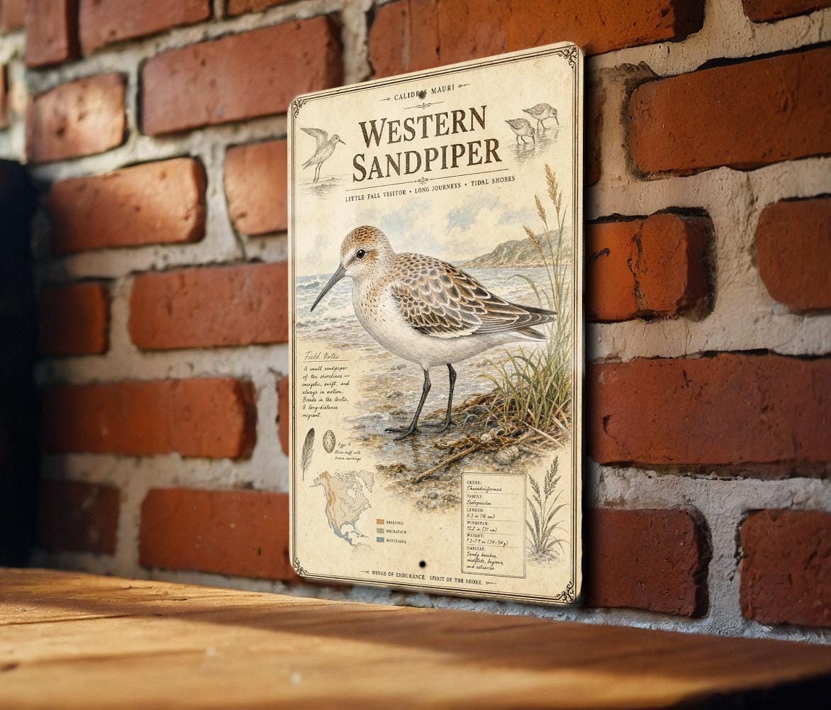 Western Sandpiper Metal Sign, Audubon-Inspired Ornithology Specimen Plate, Scientific Name Range Map Habitat Notes, Bird Wall Decor — photo 5
