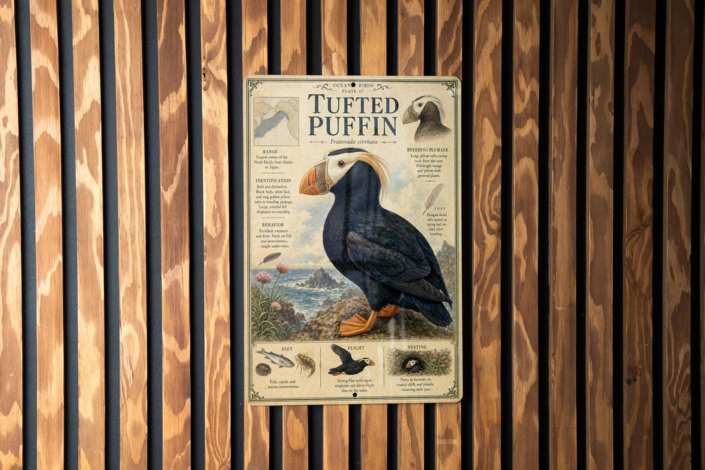 Tufted Puffin Metal Sign, Vintage Natural History Bird Illustration, Scientific Name, Range Map, Anatomical Notes, Habitat Scene — photo 1