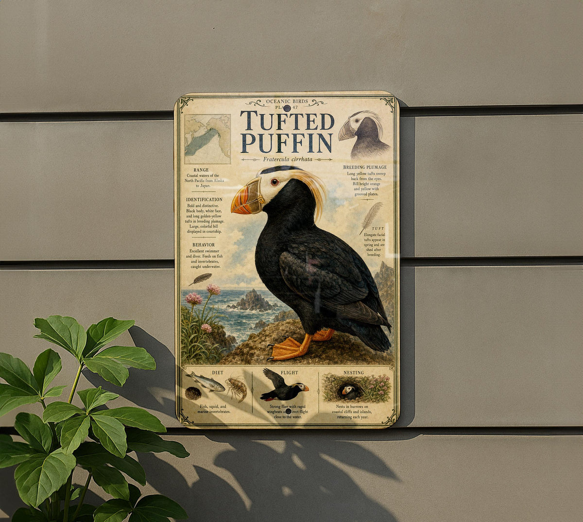 Tufted Puffin Metal Sign, Vintage Natural History Bird Illustration, Scientific Name, Range Map, Anatomical Notes, Habitat Scene — photo 3
