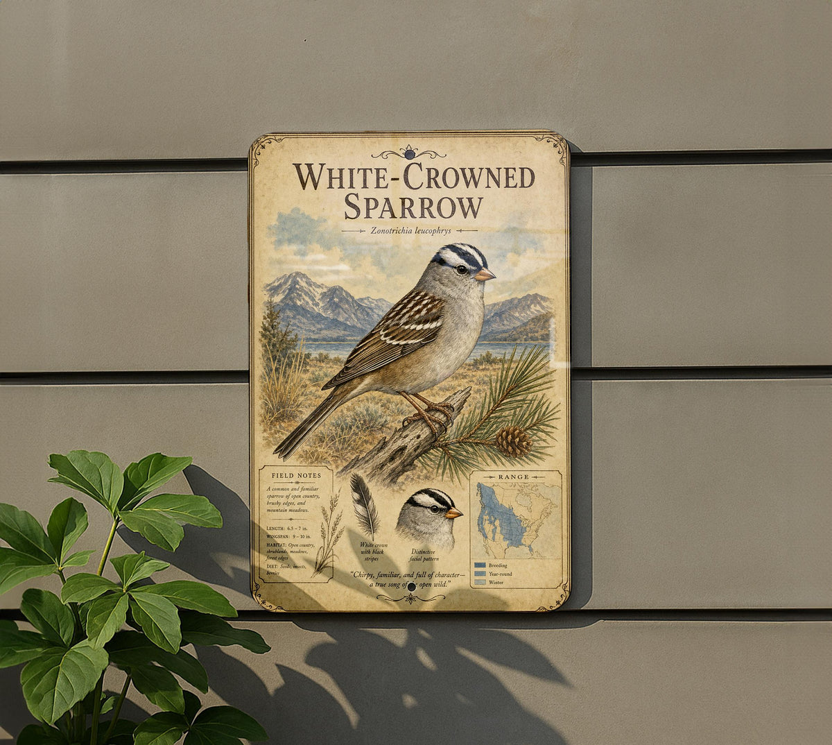 White-Crowned Sparrow Metal Sign Vintage Natural History Bird Illustration Ornithology Specimen Plate Wall Decor Gift — photo 3