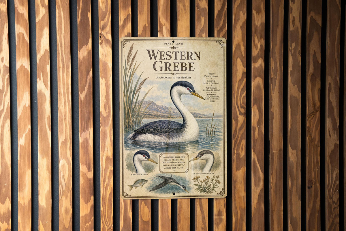 Western Grebe Metal Sign, Audubon-Inspired Ornithology Plate, Scientific Bird Illustration with Range Map, Habitat Notes — photo 1