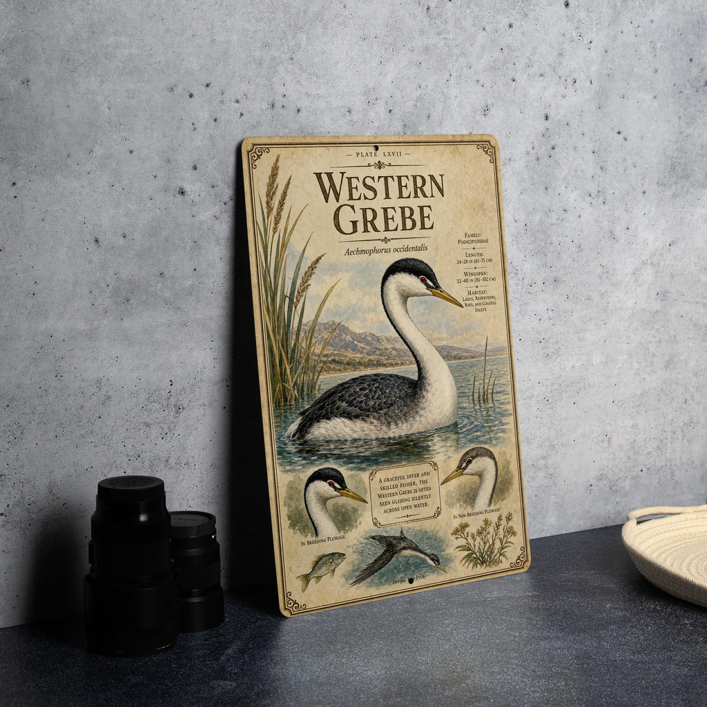 Western Grebe Metal Sign, Audubon-Inspired Ornithology Plate, Scientific Bird Illustration with Range Map, Habitat Notes — photo 2