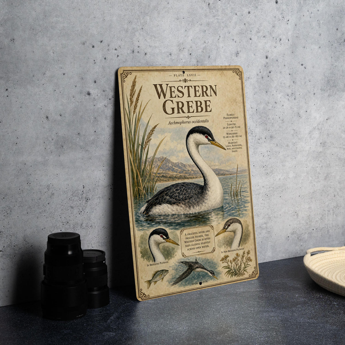 Western Grebe Metal Sign, Audubon-Inspired Ornithology Plate, Scientific Bird Illustration with Range Map, Habitat Notes — photo 2