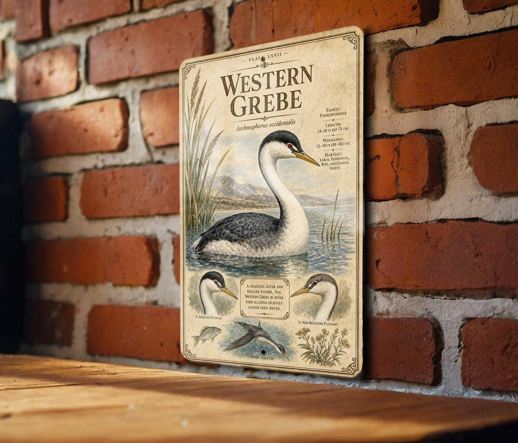 Western Grebe Metal Sign, Audubon-Inspired Ornithology Plate, Scientific Bird Illustration with Range Map, Habitat Notes — photo 3