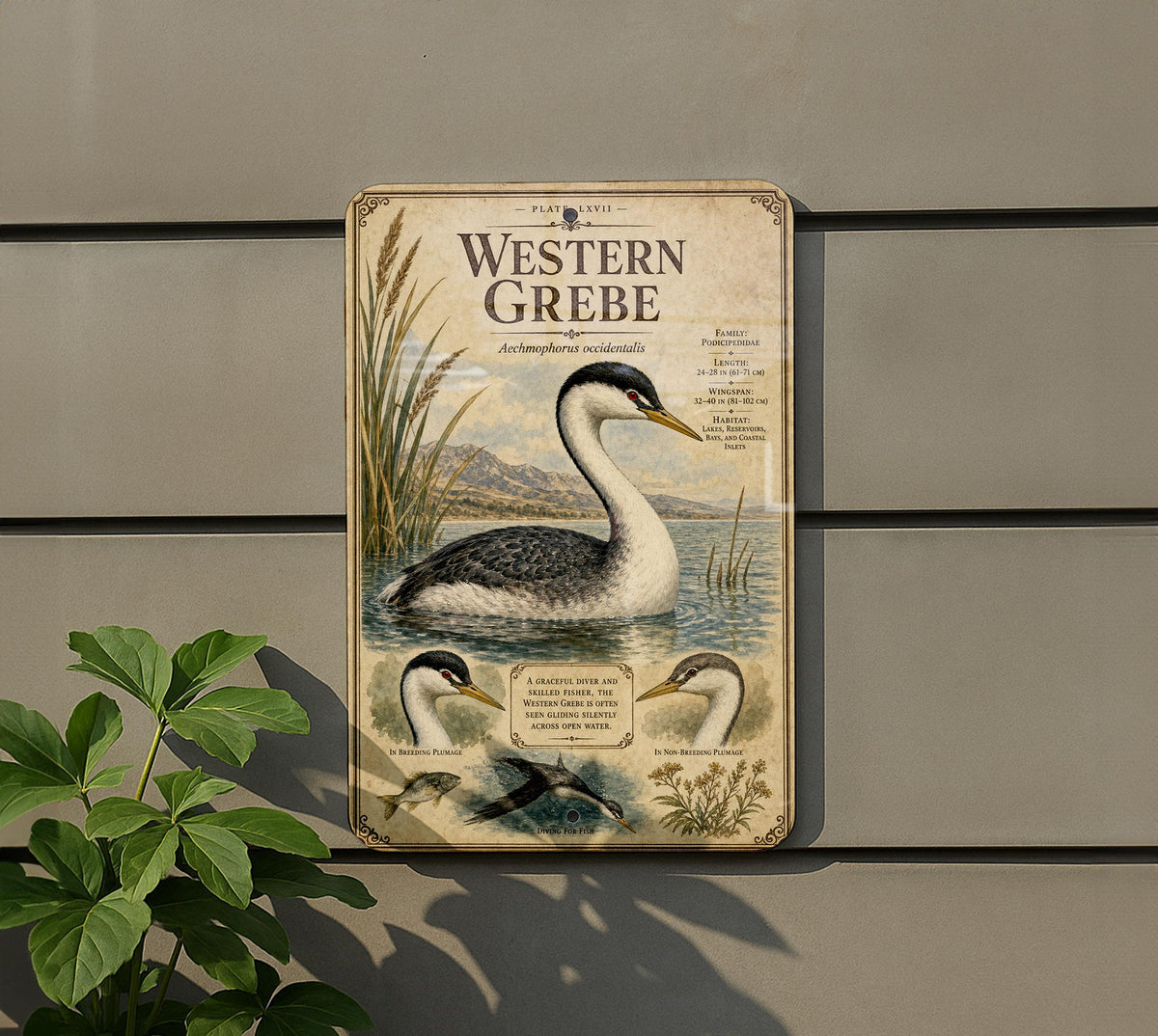 Western Grebe Metal Sign, Audubon-Inspired Ornithology Plate, Scientific Bird Illustration with Range Map, Habitat Notes — photo 4