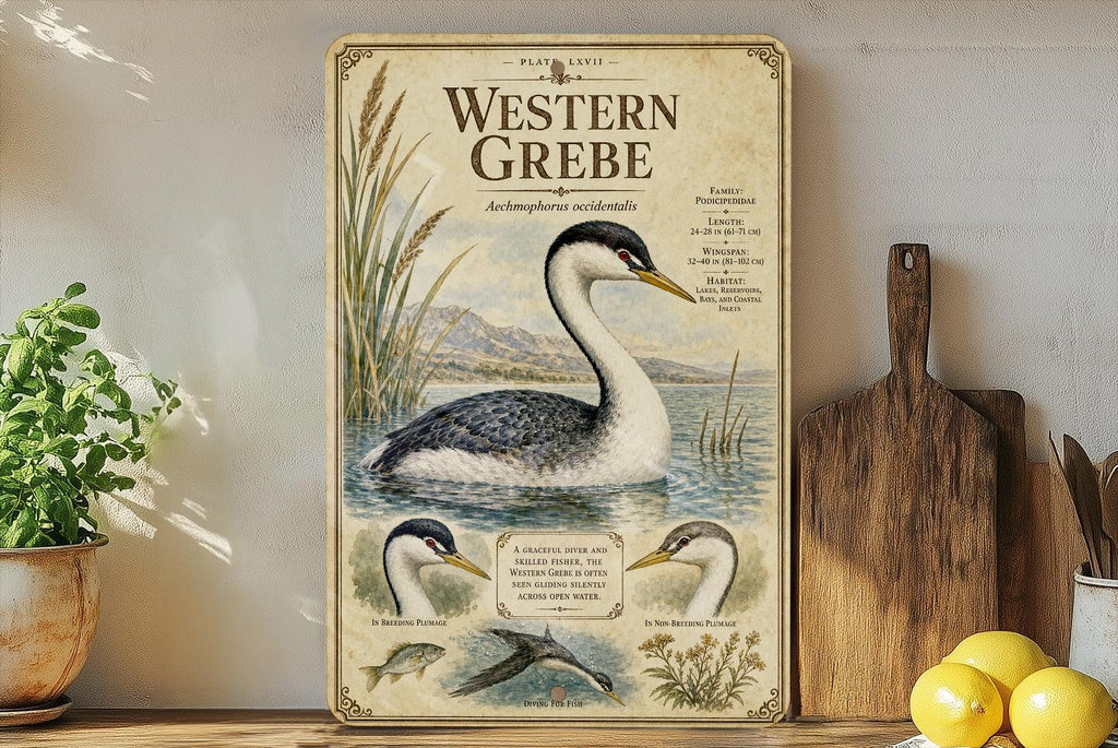 Western Grebe Metal Sign, Audubon-Inspired Ornithology Plate, Scientific Bird Illustration with Range Map, Habitat Notes — photo 5