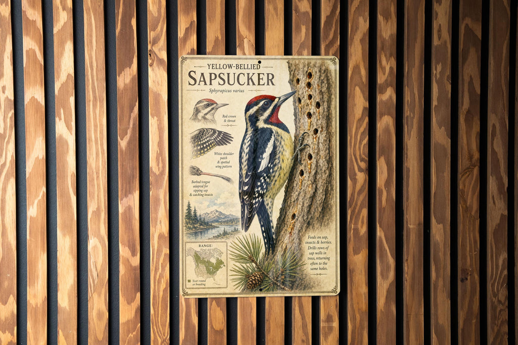 Yellow-Bellied Sapsucker Metal Sign, Audubon-Inspired Natural History Bird Plate with Scientific Name, Range Map & Habitat Scene — photo 3