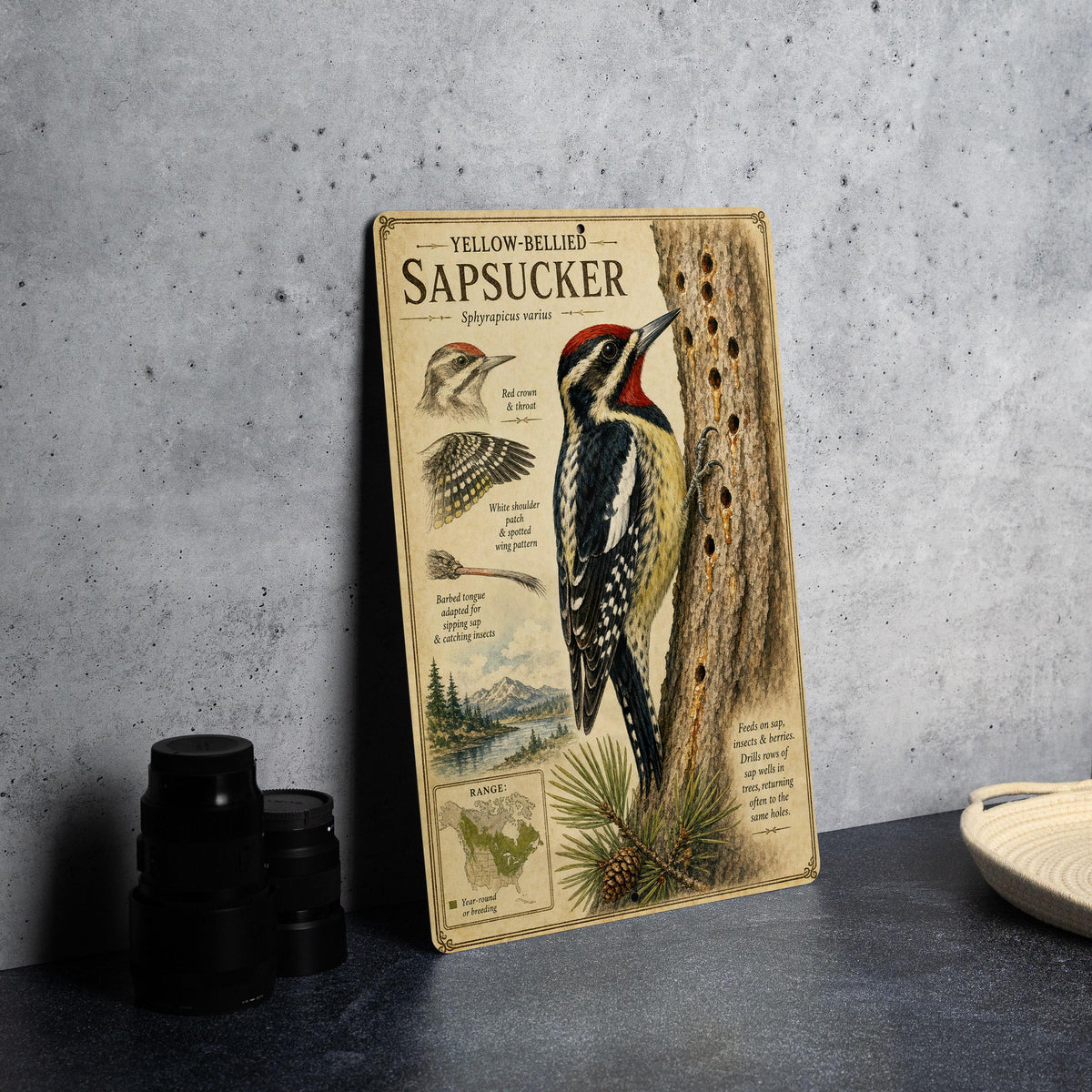 Yellow-Bellied Sapsucker Metal Sign, Audubon-Inspired Natural History Bird Plate with Scientific Name, Range Map & Habitat Scene — photo 5