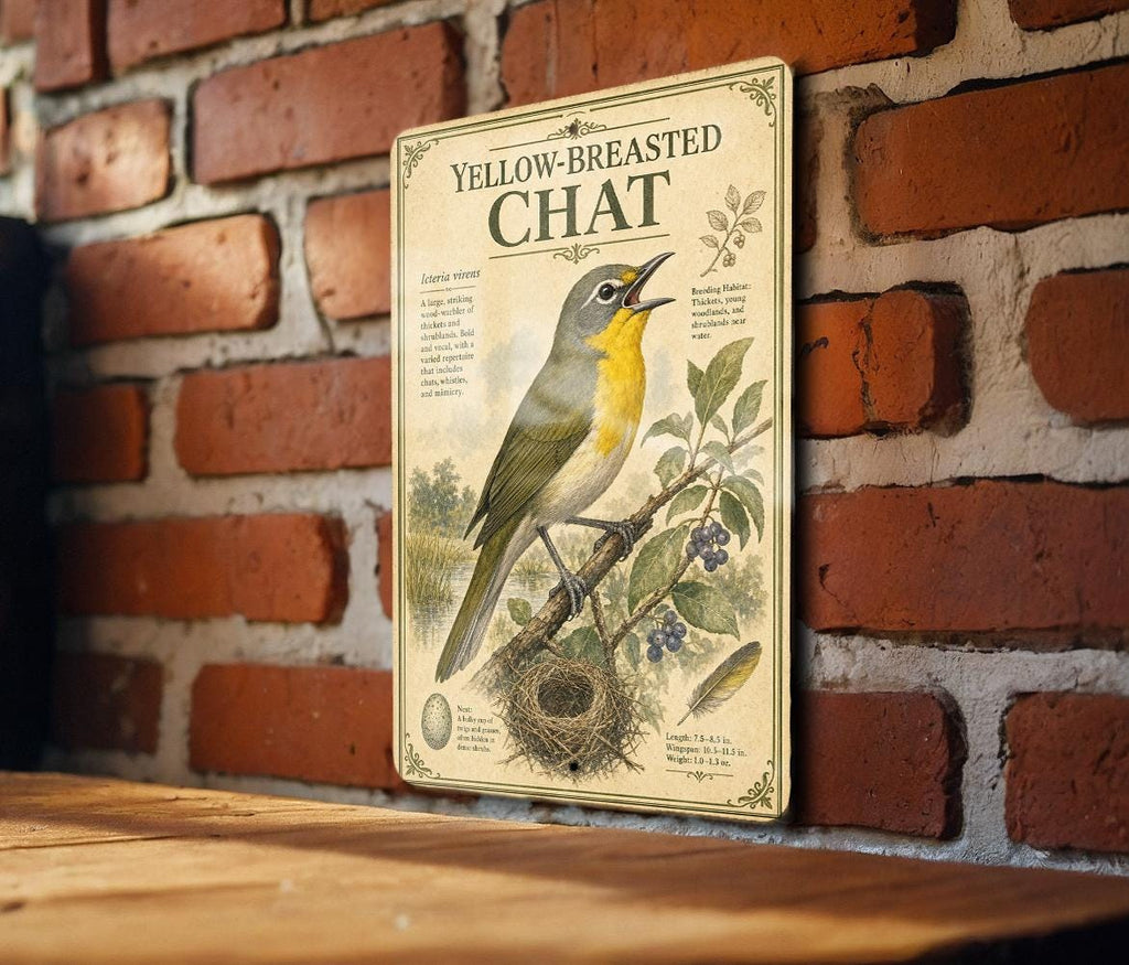 Yellow-Breasted Chat Metal Sign, Audubon-Inspired Bird Illustration, Natural History Specimen Plate, Ornithology Wall Decor — photo 1