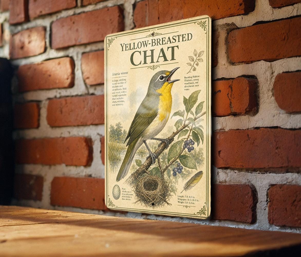 Yellow-Breasted Chat Metal Sign, Audubon-Inspired Bird Illustration, Natural History Specimen Plate, Ornithology Wall Decor — photo 1