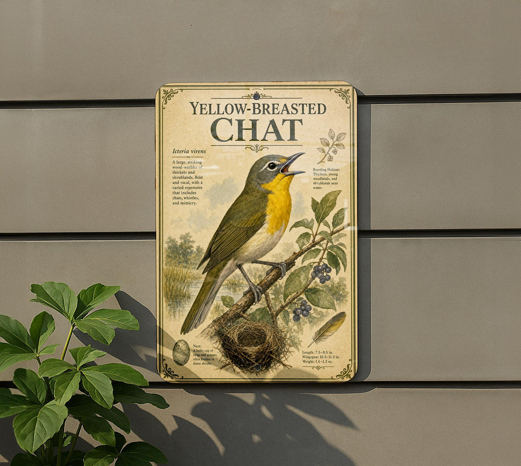 Yellow-Breasted Chat Metal Sign, Audubon-Inspired Bird Illustration, Natural History Specimen Plate, Ornithology Wall Decor — photo 3