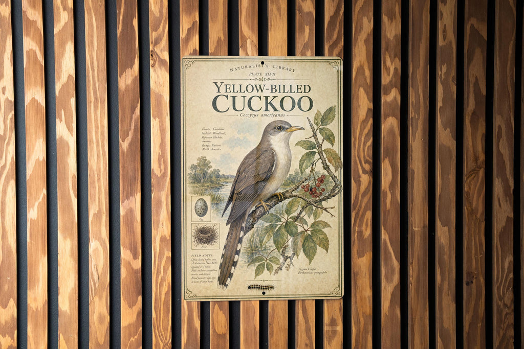 Yellow-Billed Cuckoo Metal Sign, Audubon-Inspired Natural History Bird Illustration, Scientific Name Range Map Habitat Notes Wall Decor — photo 1