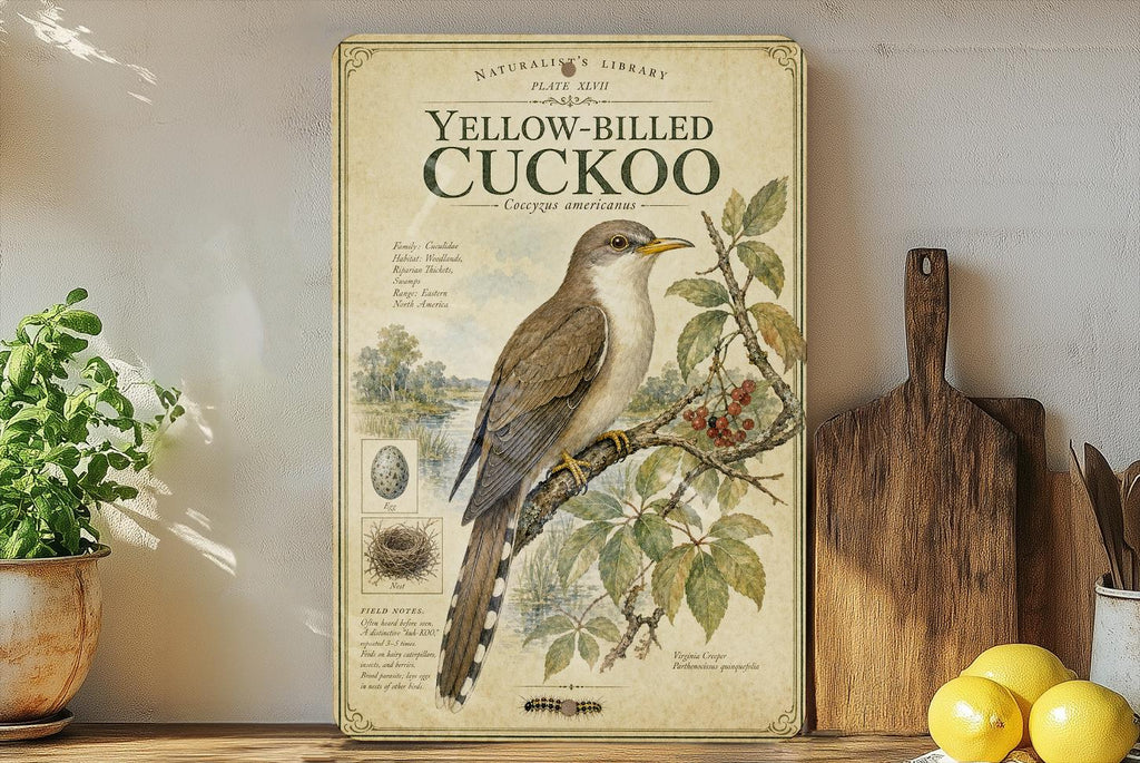 Yellow-Billed Cuckoo Metal Sign, Audubon-Inspired Natural History Bird Illustration, Scientific Name Range Map Habitat Notes Wall Decor — photo 3