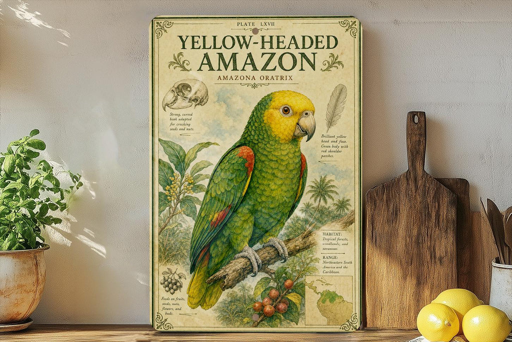 Yellow Headed Amazon Metal Sign, Vintage Natural History Bird Plate, Audubon Ornithology Wall Decor, Scientific Specimen Art — photo 1