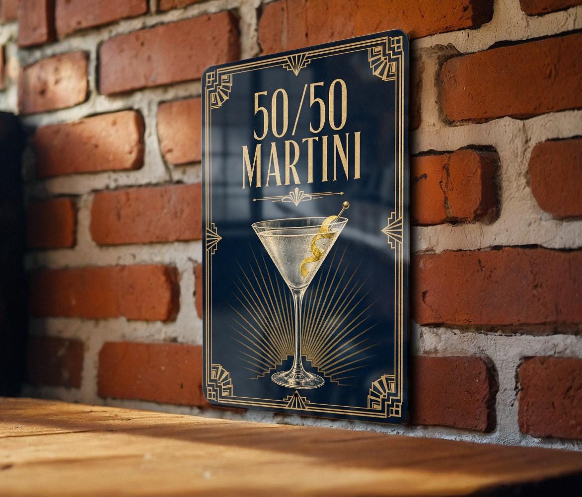 50/50 Martini Metal Sign, Vintage 1920s Art Deco Cocktail Poster, Classic Martini Bar Decor, Speakeasy Kitchen Wall Sign — photo 2