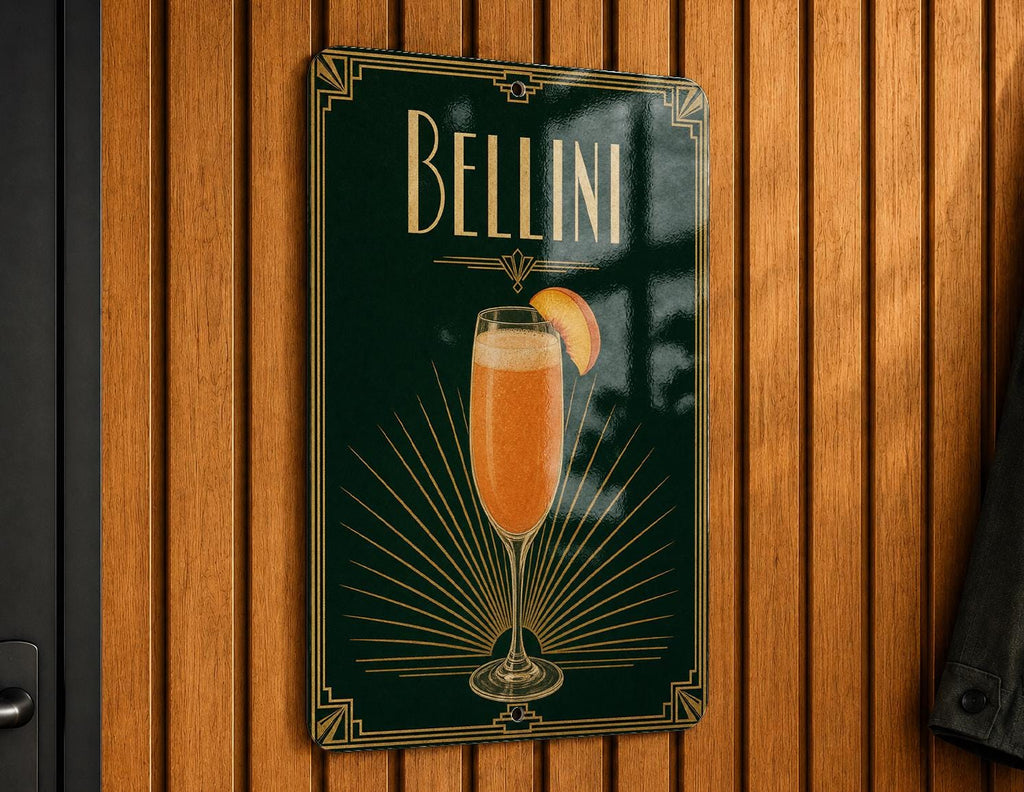 Bellini Cocktail Metal Sign, Vintage 1920s Art Deco Cocktail Poster Bar Decor, Peach Prosecco Aperitif Lounge Sign — photo 1