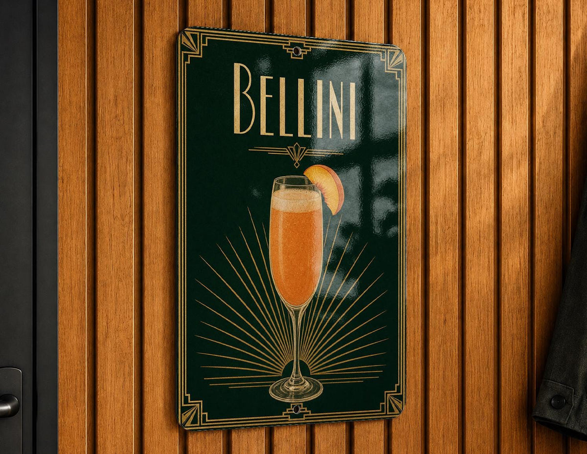 Bellini Cocktail Metal Sign, Vintage 1920s Art Deco Cocktail Poster Bar Decor, Peach Prosecco Aperitif Lounge Sign — photo 1