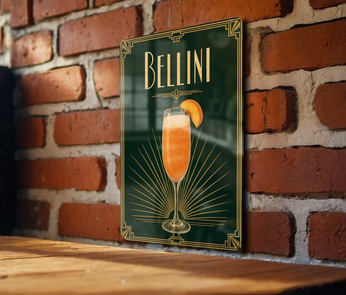 Bellini Cocktail Metal Sign, Vintage 1920s Art Deco Cocktail Poster Bar Decor, Peach Prosecco Aperitif Lounge Sign — photo 2
