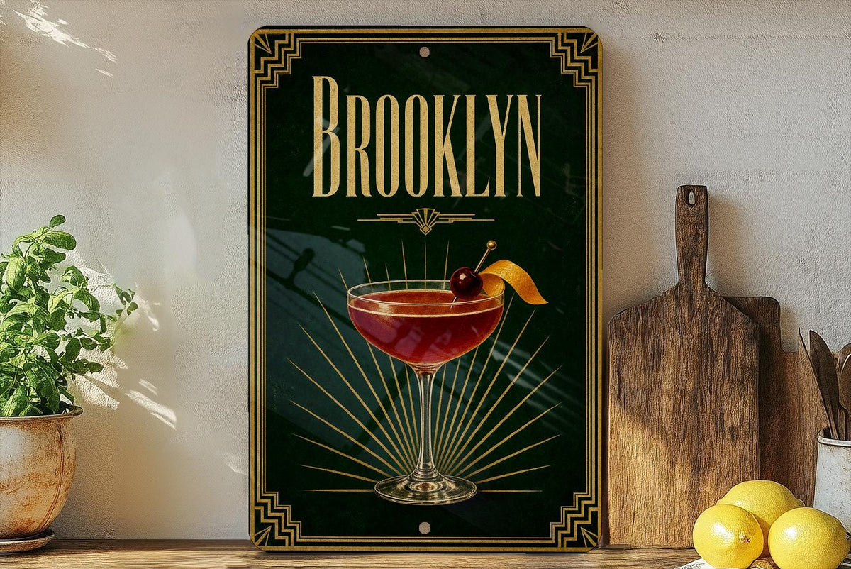 Brooklyn Metal Sign, Vintage 1920s Art Deco Cocktail Poster Bar Decor, Brooklyn New York Speakeasy Lounge Wall Sign — photo 1