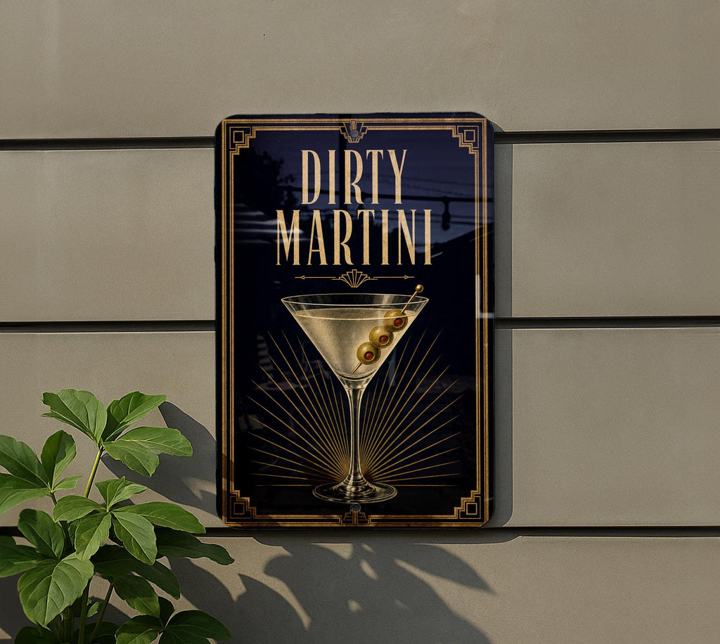 Dirty Martini Metal Sign, Vintage 1920s Art Deco Cocktail Poster, Martini Glass Olive Bar Decor, Speakeasy Wall Sign — photo 1