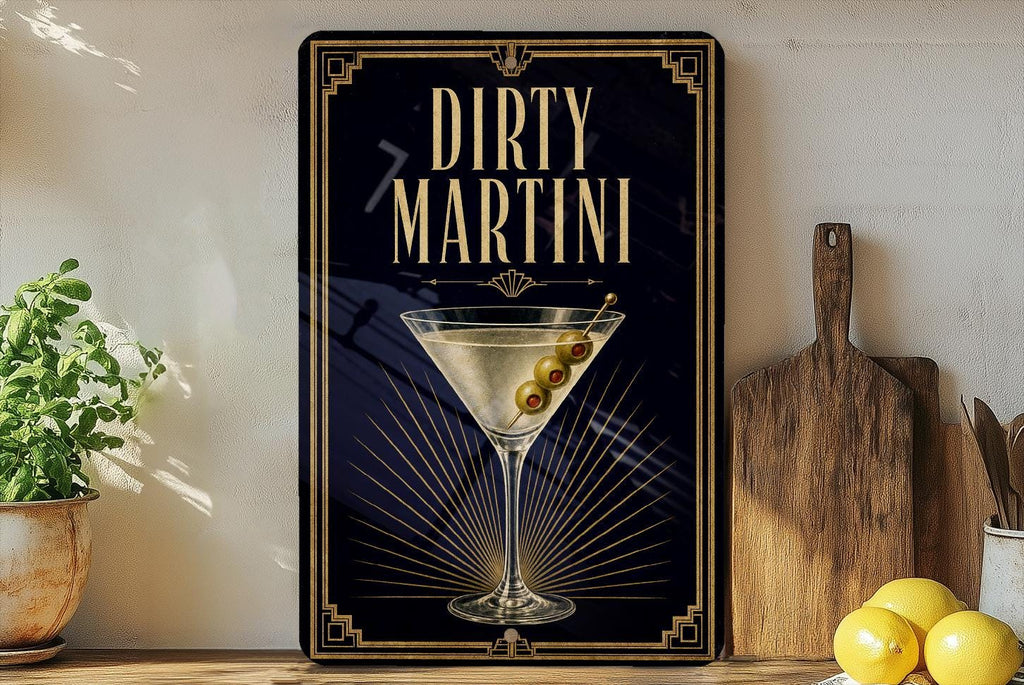 Dirty Martini Metal Sign, Vintage 1920s Art Deco Cocktail Poster, Martini Glass Olive Bar Decor, Speakeasy Wall Sign — photo 4