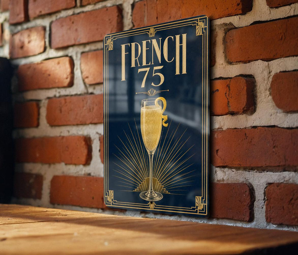 French 75 Metal Sign, Vintage 1920s Art Deco Cocktail Poster, Classic Champagne Gin Lemon Cocktail Bar Decor Sign — photo 1