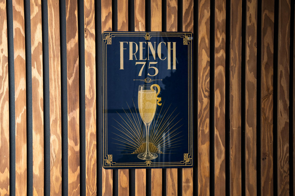 French 75 Metal Sign, Vintage 1920s Art Deco Cocktail Poster, Classic Champagne Gin Lemon Cocktail Bar Decor Sign — photo 3