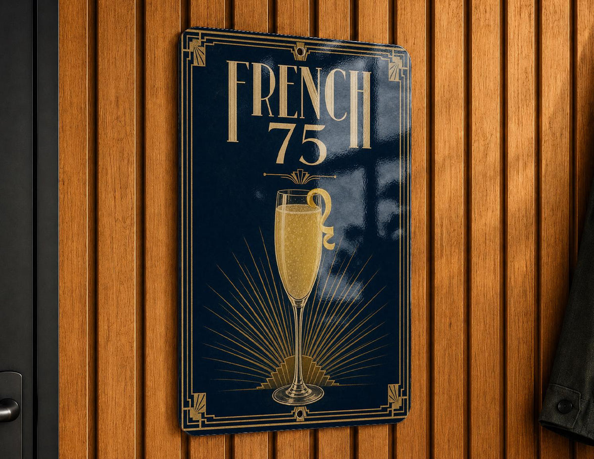French 75 Metal Sign, Vintage 1920s Art Deco Cocktail Poster, Classic Champagne Gin Lemon Cocktail Bar Decor Sign — photo 4