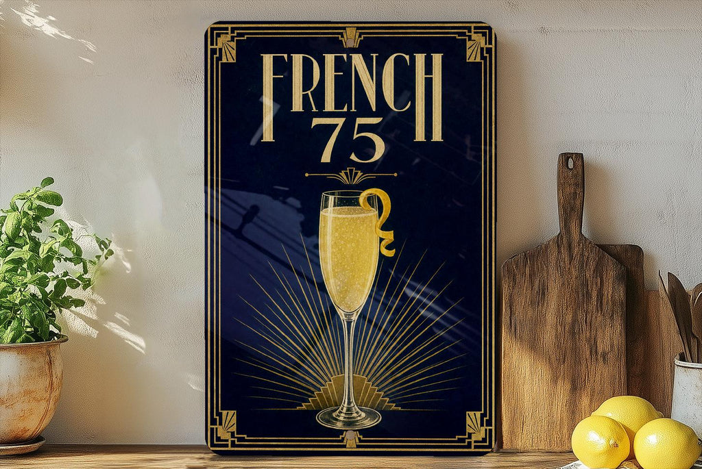 French 75 Metal Sign, Vintage 1920s Art Deco Cocktail Poster, Classic Champagne Gin Lemon Cocktail Bar Decor Sign — photo 6